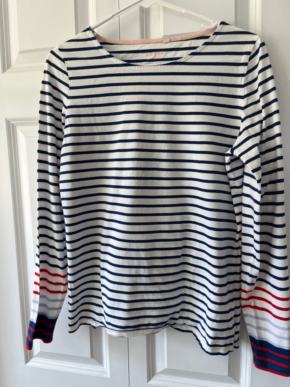 Boden Navy and White Striped Long-Sleeve Top with Red Sleeve Accents